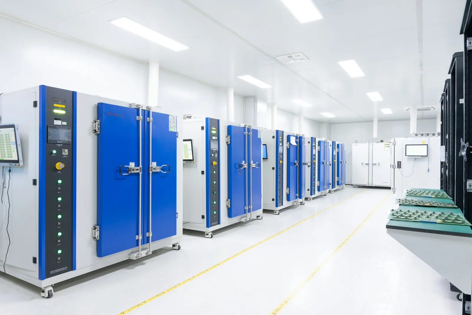 Rows of server cabinets in a bright, modern data center